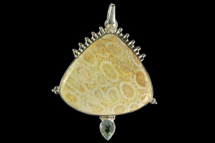 Million Year Old Fossil Coral Pendant- Sterling Silver & Blue Topaz #142295